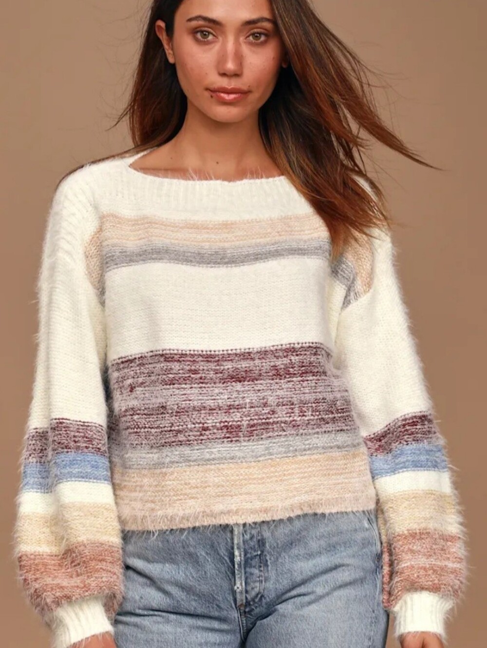 & MERCI Nuetral Multicolor Striped Eyelash Texture Balloon Sleeve Sweater Size L